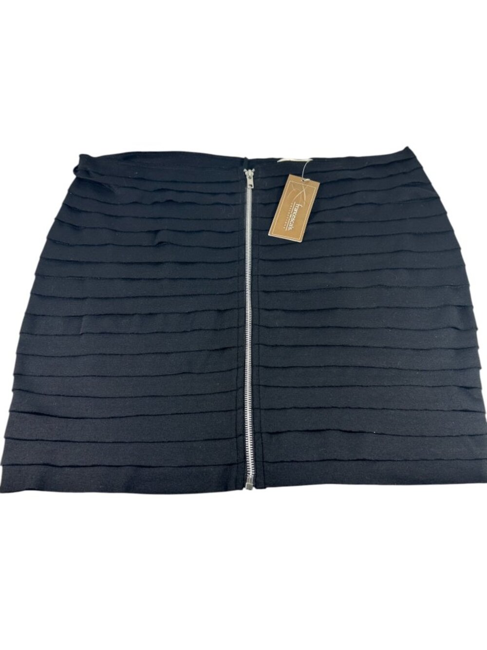 Francescas Black Tiered Mini Skirt Size Large Front Zip Stretch Bodycon Y2K New
